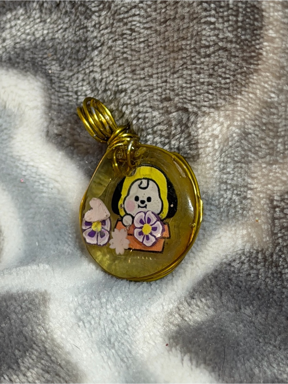 Cute Yellow Character Pendant Charm with Floral Accents